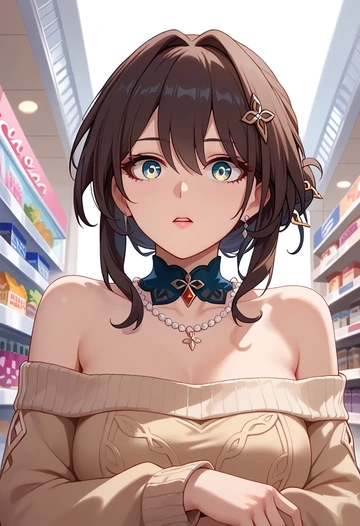 star rail,ruan mei,sweater,off-shoulder,collar  - AI generated anime art